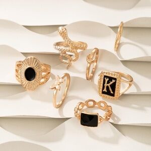 *EZLYNN* 7-Pc Gold x Black Snake Unique Fashion Ring Set